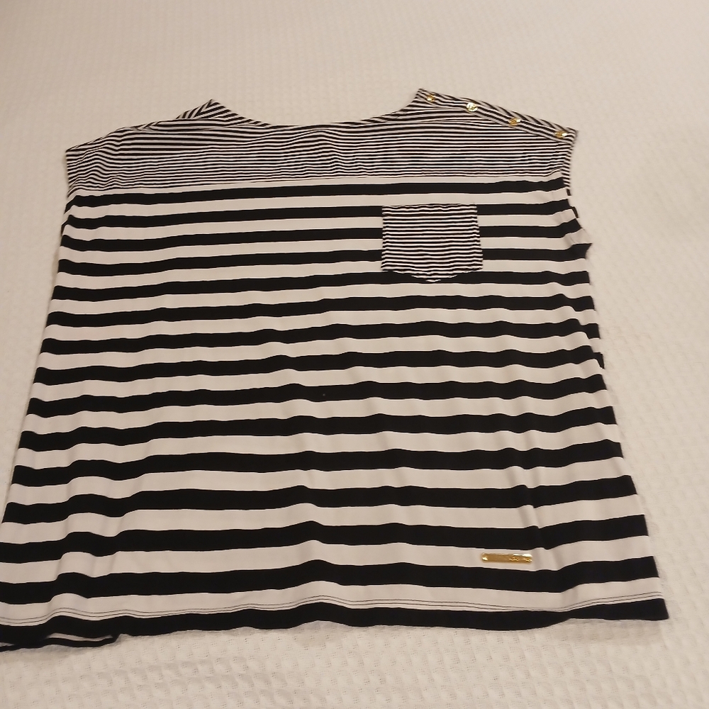 Black and White Striped Top with Gold Accents